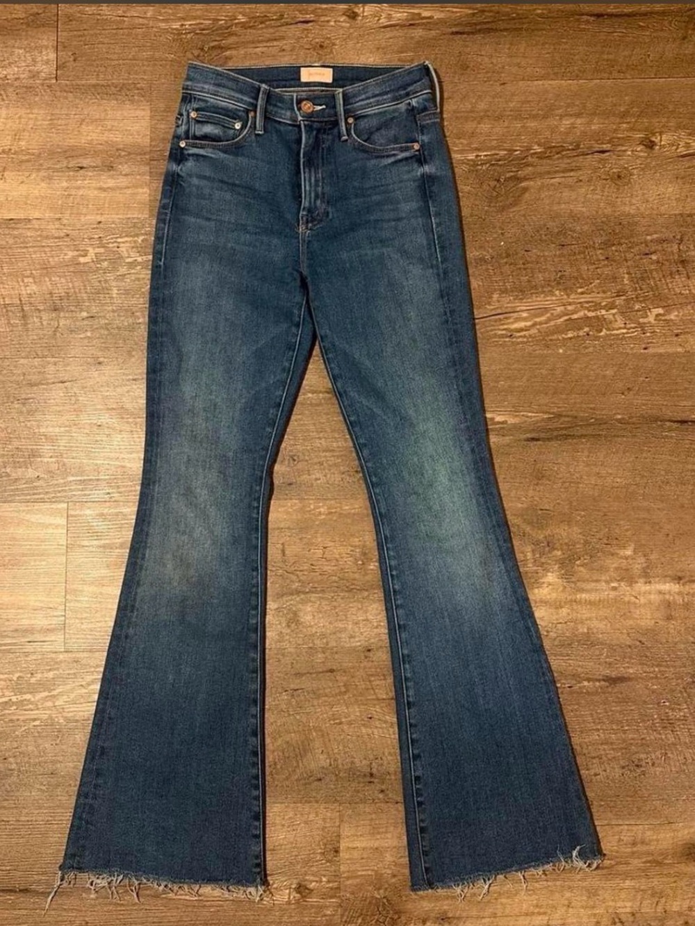 MOTHER Dark Blue Flare Jeans with Raw Hem